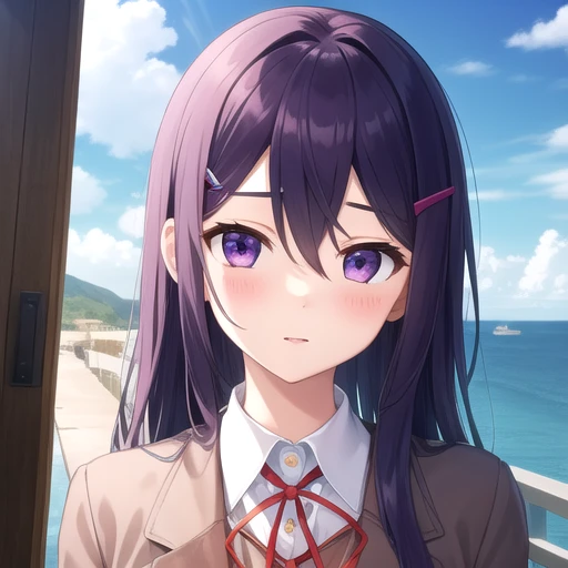((masterpiece)),(best quality),official art,extremely detailed CG,unity 8k wallpaper,ultra detailed,A lighthouse on a cliff by the sea,1girl,solo,upper body,(portrait:1.2),yuri (doki doki literature club),very long hair,school uniform,purple hair,purple eyes,hairclip,white socks,hair ornament,blue skirt,looking at viewer,pleated skirt,blush,uwabaki,long sleeves,brown jacket,hair between eyes,white footwear,bangs,<lora:Yuri(ddlc)>,
