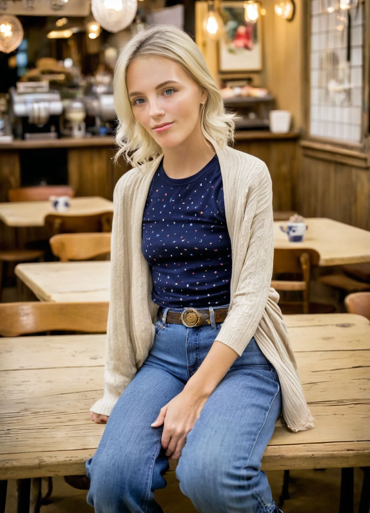 <lora:KateBloom_SDXL_v1.0:1.25> 
candid photo, medium format 45mm photography of a enchantingly gorgeous, detailed face, detailed body, (((ohwx woman))) sitting at a table quaint rustic french patisserie, shot on a Hasselblad X1D II 50C, extreme bokeh, wearing     Cardigan        Flare jeans     Casual  Beige cardigan with a relaxed fit, high-waisted flare jeans in a light wash, incredible photo accuracy, incredible realism, volumetric lighting, subsurface scattering, breathtaking photography in the (style of Richard Avedon|Platon)