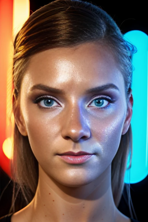 h3ath3rm0rri5, shimmering blue eyes, wearing holographic cyberpunk clothing, surrounded by neon-lit cityscape reflections, vray render, ray tracing, subsurface scattering, by Josan Gonzalez and Liang Mark (upper body shot), (looking at viewer:1.3), (hyper realistic:1.3), (portrait:1.2), highly detailed eyes, (highly detailed skin:1.3), (freckles:0.6), pores, (4k), back lit, rim light, <lora:Heather_Morris_PMv1_Lora:1.3>,