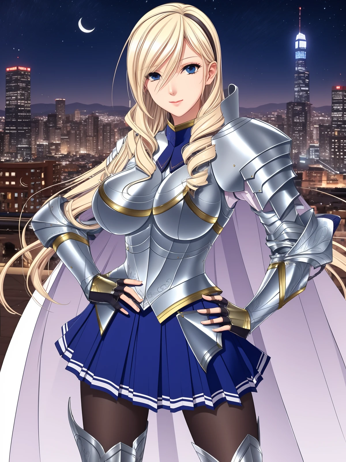 SNQSWYsuliya, 1girl, armor, solo, blonde hair, long hair, blue eyes, skirt, gauntlets, breastplate, cape, greaves, pantyhose, boobplate, drill hair, shoulder armor, hair over one eye, pleated skirt,looking at viewer, pauldrons, blue skirt,armored boots, <lora:SNQSWYsuliya:0.75>,cityscape, night, pool,