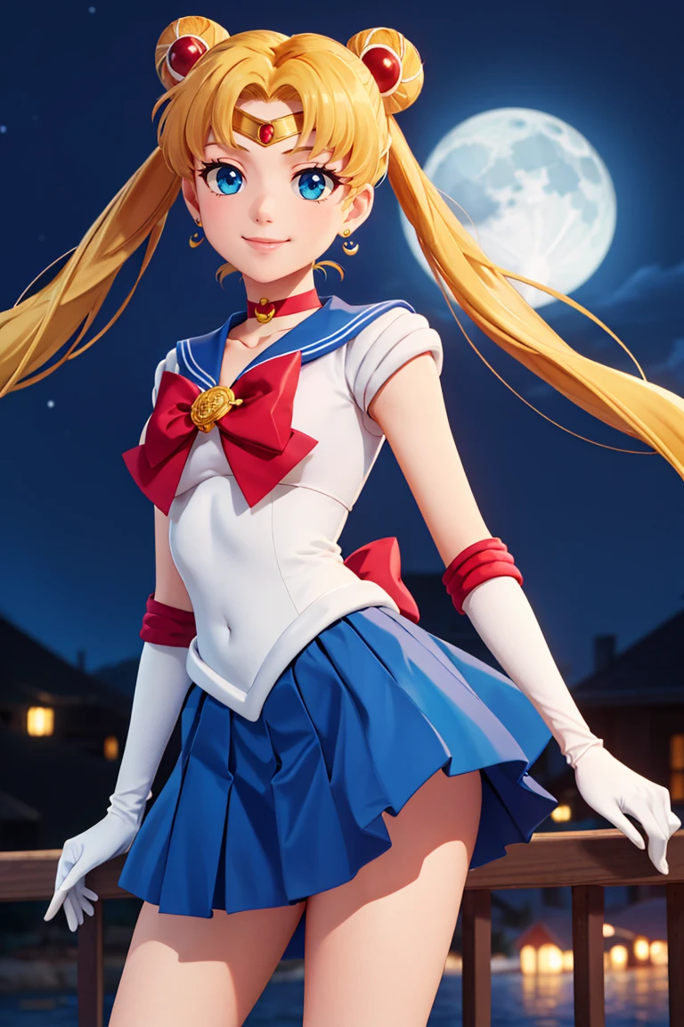 masterpiece, best quality, highres, 1girl, aausagi, double bun, twintails, parted bangs, circlet, jewelry, earrings, choker, red bow, white gloves, elbow gloves, blue skirt, <lora:sailor_moon_v1:0.7>, standing, cowboy shot, night, outdoors, moon, smile