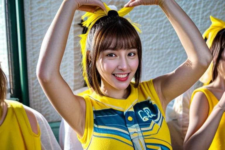 hyper realistic lifelike texture dramatic lighting unreal engine trending on art station, award winning photo, nikon RAW photo,8 k, Fujifilm XT3,masterpiece, best quality, realistic, photorealistic, ultra detailed, extremely detailed face, solo,1girl,(looking at viewer),smile,(baseball stadium:1),yellow cheerleader uniform, upper body,<lora:qun:1>,<lora:add_detail:0.3>,<lora:LCM-LoRA_sd15:1>