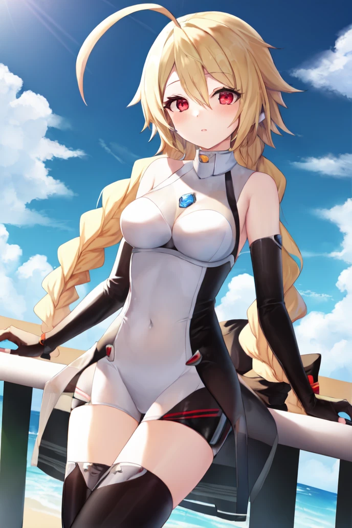 masterpiece, best quality, 1girl, lambda-11, <lora:LambdaV2-14:1>, blonde hair, ahoge, red eyes, (single braid), braid, medium breasts, <lora:racingmiku2011:0.6>, racing queen, blue sky,