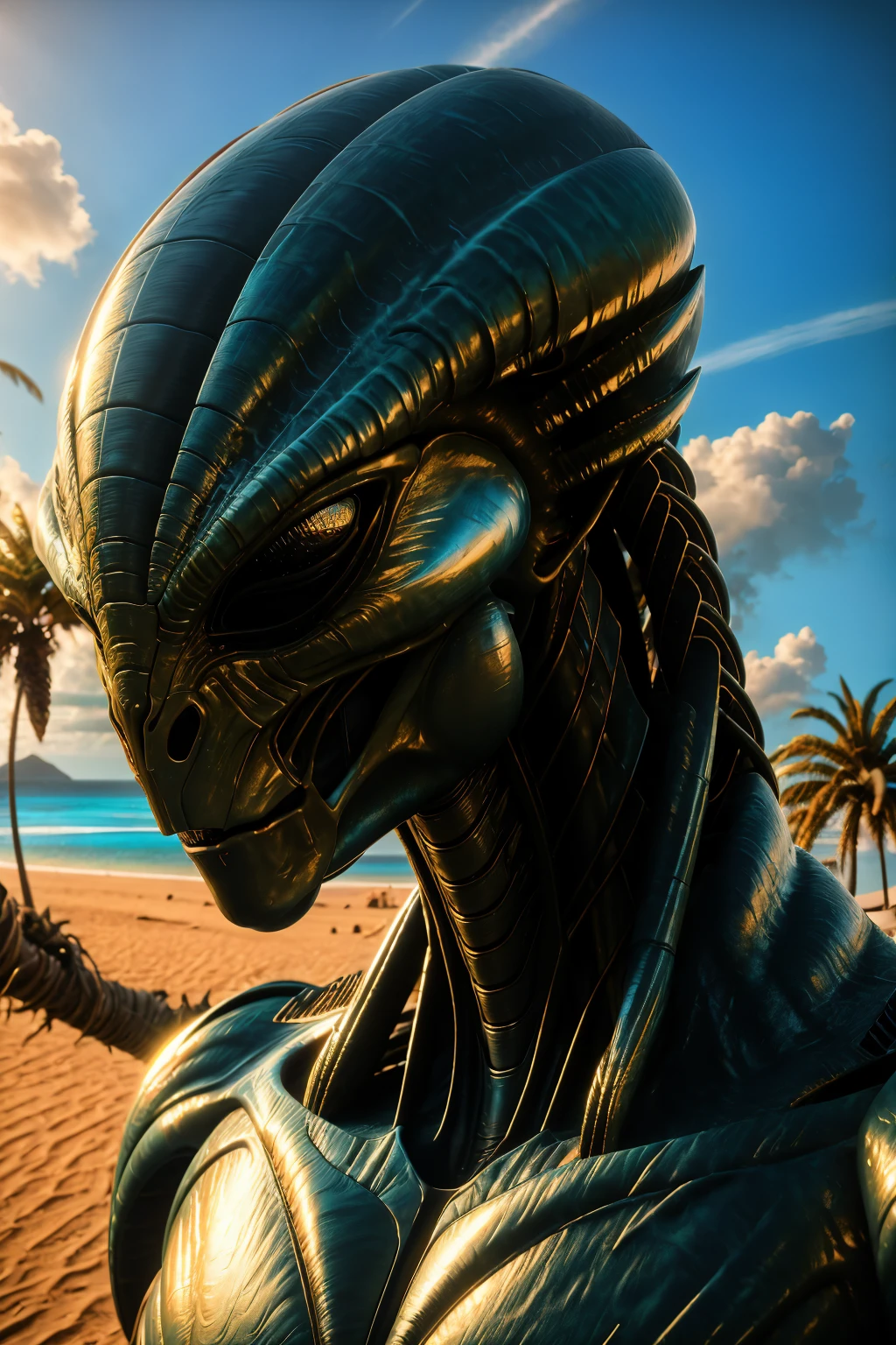 <lora:arandomalien_v2-000010:1> masterpiece of photorealism, photorealistic highly detailed 8k photography, best cinematic quality, volumetric lighting and shadows, muscular rndmln, predator braids, demon armor, dynamic pose, Palm Tree-Lined Tropical Beaches, Aerial Hyperlapse of a Changing Landscape