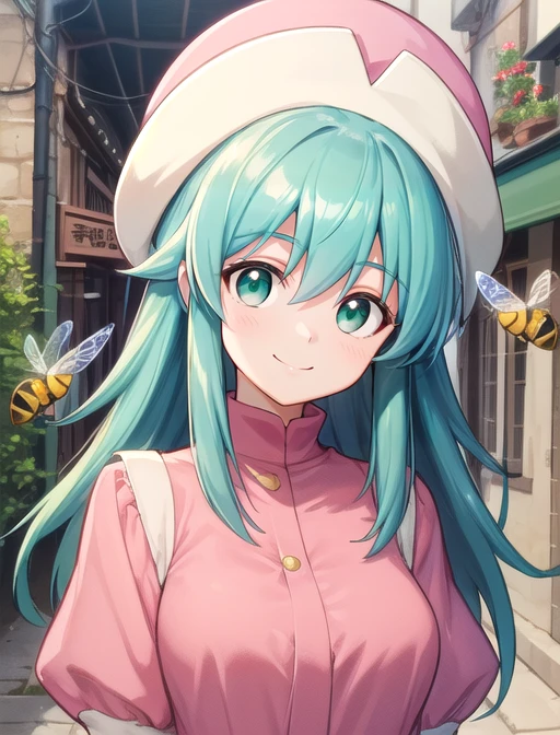 best quality, masterpiece, highres, detailed, digital artwork, <lora:Detail - add_detail:0.2>, HxHPonzu, aqua hair, green eyes, hat, round hat, pink shirt, upper body, <lora:Character - HxHPonzu:0.7>, smile, alleyway, bees,