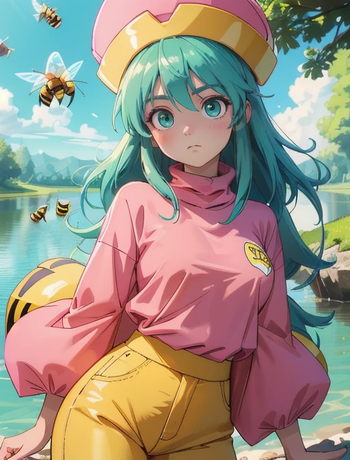 best quality, masterpiece, highres, detailed, digital artwork, <lora:Detail - add_detail:0.2>, HxHPonzu, aqua hair, green eyes, pink shirt, yellow hat, round hat, yellow pants, bees, <lora:Character - HxHPonzu:0.7>, :/, lake,