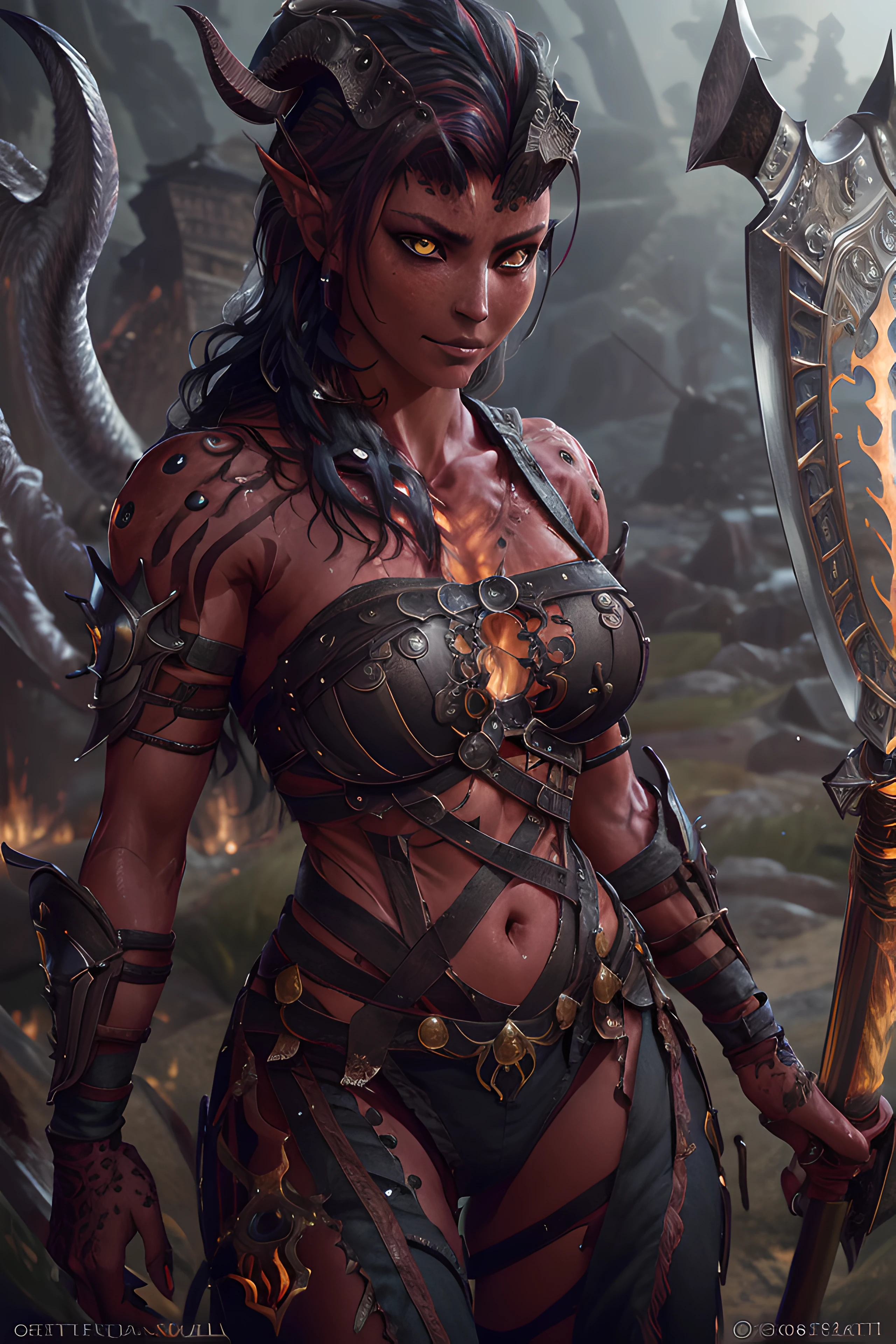 Masterpiece, best quality, absurdres, high res, intricate detail, high detail, cinematic lighting, fantasy 1girl, supermodel, karlach, demon, horn,
portrait, armor, move, light rays from top, shining eyes, hell, fire, axe
 <lora:Karlach__Baldurs_Gate_3:0.8>, illustration of a anime girl imagination, hyperrealistic photo by Seebas Apterus and Larry Bell art, blending, smooth, detailed expressions, artstyle, detailed eyes, HDR, UHD, 64k, RTX, sharp, sharp focus, highly detailed, intricate detail, professional, artistic flow, ultra detailed, high resolution photography, (bright colors)