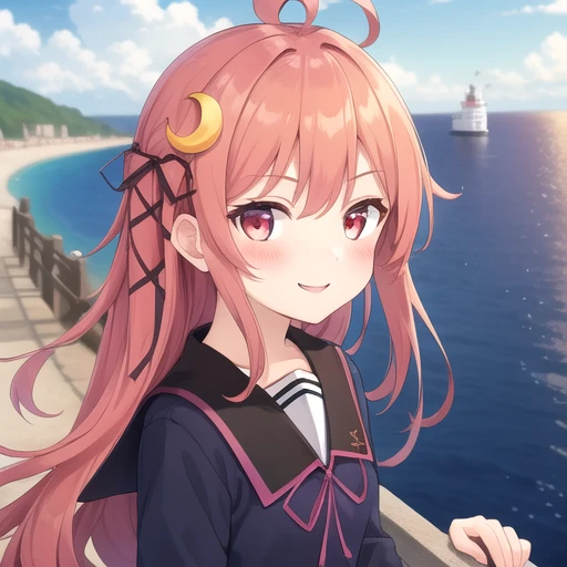 ((masterpiece)),(best quality),official art,extremely detailed CG,unity 8k wallpaper,ultra detailed,A lighthouse on a cliff by the sea,1girl,solo,upper body,(portrait:1.2),very_long_hair,school_uniform,skirt,serafuku,rabbit_hair_ornament,crescent_hair_ornament,low-tied_long_hair,pink_hair,smile,socks,pleated_skirt,ahoge,pink_eyes,red_eyes,kneehighs,long_sleeves,red_hair,ribbon,blush,<lora:Uzuki(kan)>,