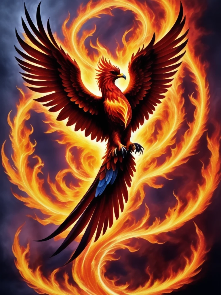A fiery phoenix, reborn from flames, symbolizing rebirth and renewal.