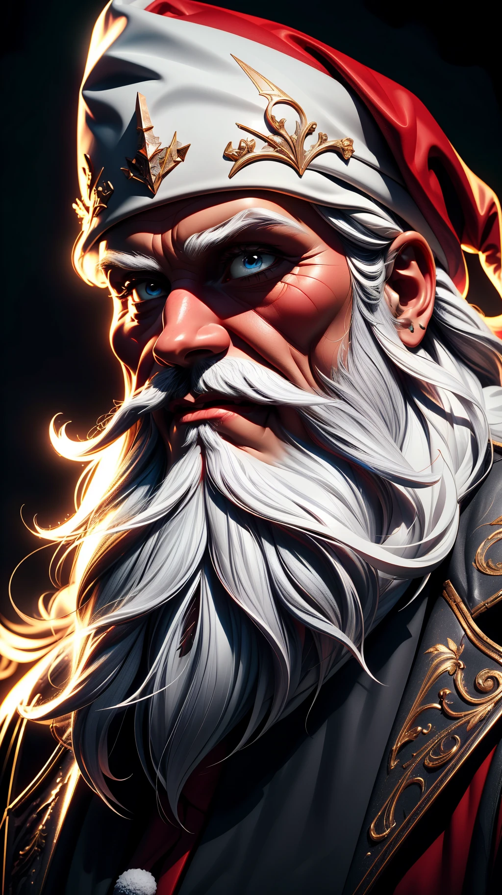 a face portrait of an old and wise santa claus with a (very long white beard:1.3), jolly, santa hat, santa coat, extremely detailed, vivid colors, high quality, best quality, award winning, high contrast, cinematic lighting, (masterpiece), (extremely intricate:1.3),