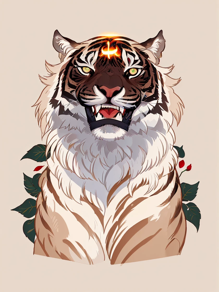 a tiger with a glowing eye surrounded by leaves and flowers on a white background with a red flower in the foreground, a drawing of a tiger with a big mouth and a big grin on its face, Esao Andrews <lora:AnimaliaStyle-000005:.7>