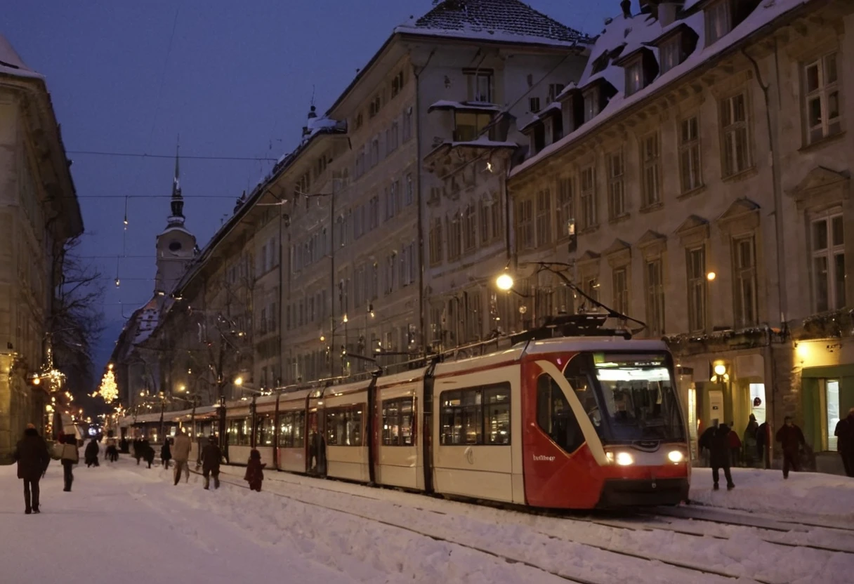 Bern downtown in winter, snowy, christmas, dusk, people, modern tram, analo style, restaurants, wide shot, shops, natural lighting,