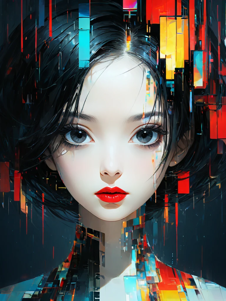 <lora:æ
éé£:1.2>,(\gu zhang feng\), 1girl, solo, black hair, looking at viewer, portrait, parted lips, lips, black eyes, short hair, abstract, glitch, red lips