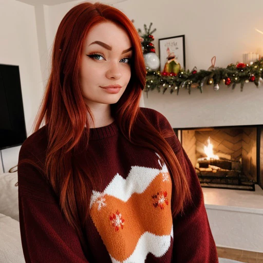 <lora:proxyfoxlol_sd15_512_128_64_v1:1>proxyfoxlol, 1girl red hair, wearing christmas sweater, christmas decoration in background, lit fireplace in background