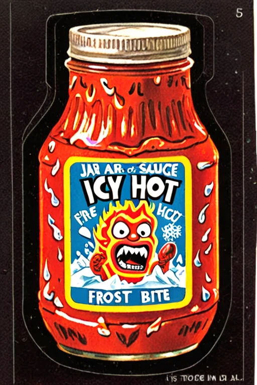 Sticker of a jar of 
of Icy Hot Sauce, Fire and Frost in Every Bite, Wacky Packages Style
<lora:Wacky_Packages_TOPPS_Style_XL>
{   Bland-O's Tasteless Cereal, Wacky Packages Style|
    Snail-O's Escargot in a Can, Wacky Packages Style|
    Shriekin' Shampoo for Scream-Queen Hair, Wacky Packages Style|
    Grumblestiltskin's Pickled Grouch Gherkins, Wacky Packages Style|
    Clamouflage Invisible Seafood Chowder, Wacky Packages Style|
    Quacktastic Duck Tape for Beak Repairs, Wacky Packages Style|
    Crunchy Munchkins Leprechaun-Sized Snack, Wacky Packages Style|
    Noodle-Noodle Brain-Teaser Pasta, Wacky Packages Style |
   Bizarro Baked Beans, the Musical Fruit, Wacky Packages Style |
    of Icy Hot Sauce, Fire and Frost in Every Bite, Wacky Packages Style}
<lora:Wacky_Packages_TOPPS_Style_XL>