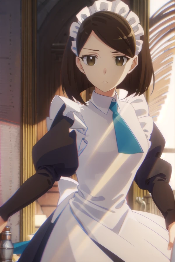 anneshelley, <lora:anne shelley s2-lora-nochekaiser:1>,
anne shelley, short hair, brown hair, (brown eyes:1.5),
BREAK long sleeves, puffy sleeves, apron, maid, maid headdress, juliet sleeves, maid apron,
BREAK indoors,
BREAK looking at viewer, (cowboy shot:1.5),
BREAK <lyco:GoodHands-beta2:1>, (masterpiece:1.2), best quality, high resolution, unity 8k wallpaper, (illustration:0.8), (beautiful detailed eyes:1.6), extremely detailed face, perfect lighting, extremely detailed CG, (perfect hands, perfect anatomy),