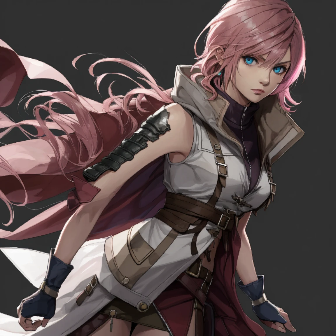 (single shot, shoot from front, caustic background)
BREAK
<lora:ffxiii_lightning:1> lightning farron, sleeveless, shoulder armor, cape, skirt, fingerless gloves, pink hair