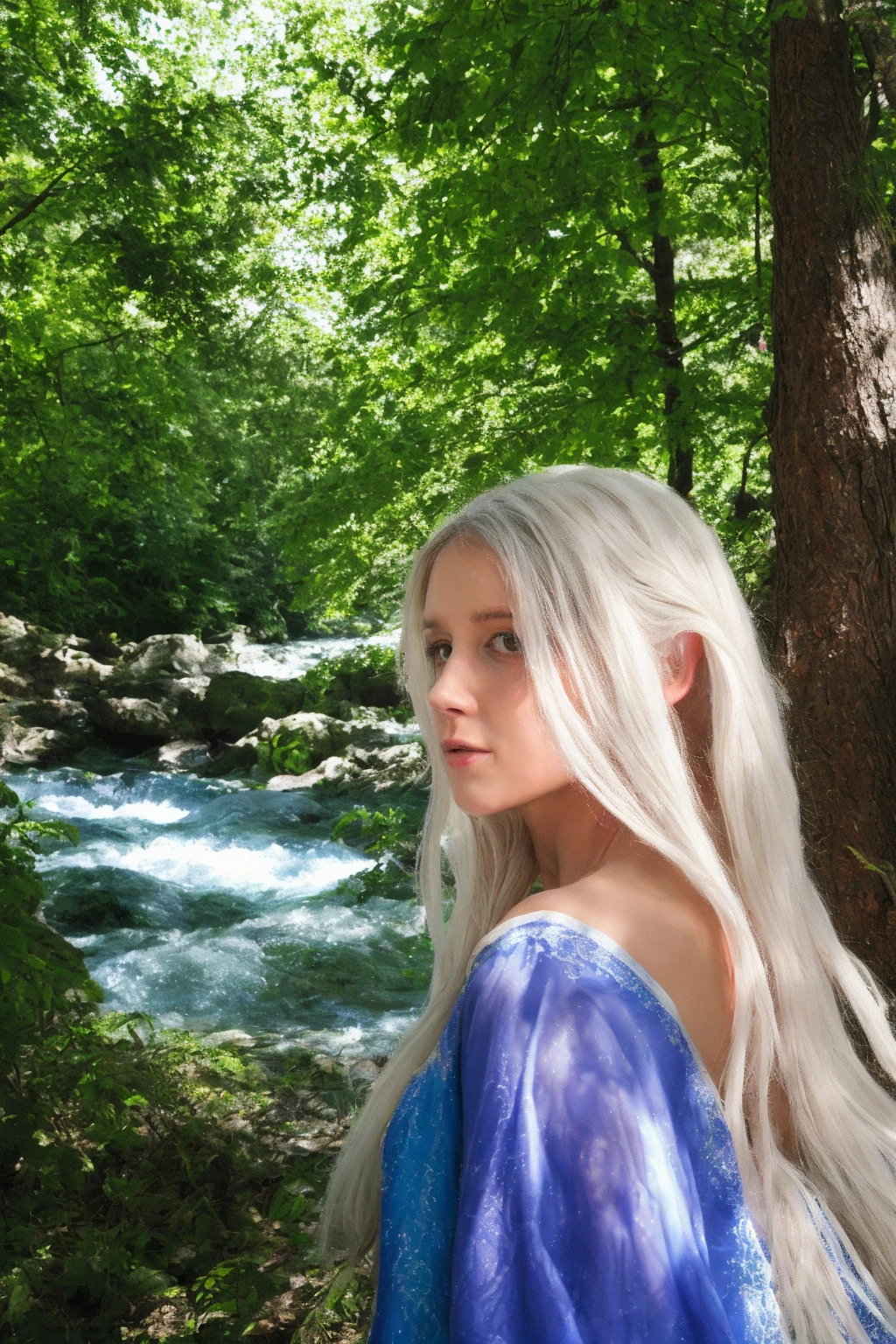 A beautiful Iceland waterfall, with a gorgeous long haired silver blonde shiny hair 48 years old, she is wearing a small white fur around her neck, standing close to a waterfall, it's a sunny day with wisps of white fluffy clouds in the sky, snowy mountains and pine forests, she has grey eyes and a sensual smile, her skin is pale, (photorealistic:1.4)(Ultra high resolution: 1.2), (reality: 1.2), (8K: 1.2), (detail, ultra high) like a scene from ancient times, Mystical, beautiful ambient lighting, intricate, realistic, studio quality, Captivating, Professional Studio Lighting, Expertly lit, The scene is filled with a sense of tranquility, magic, and natural beauty, transporting the viewer to a world of fantasy and wonder (best quality, high resolution)