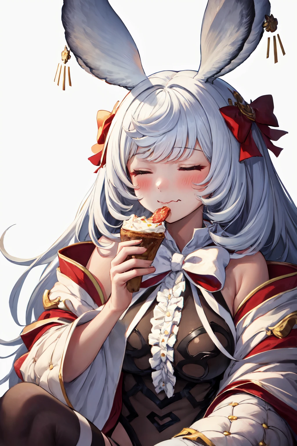 masterpiece, (detailed, highres, best quality), 1girl, from behind, <lora:spgbfMakura:1> makuradef, rabbit ears, hair bow, black leotard, frills, detached sleeves, white thighhighs, dated, gradient background, grey background, signature, upper body, white background, :t, blush, closed eyes, closed mouth, eating, facing viewer, food on face, holding, holding food, sitting, solo, wavy mouth