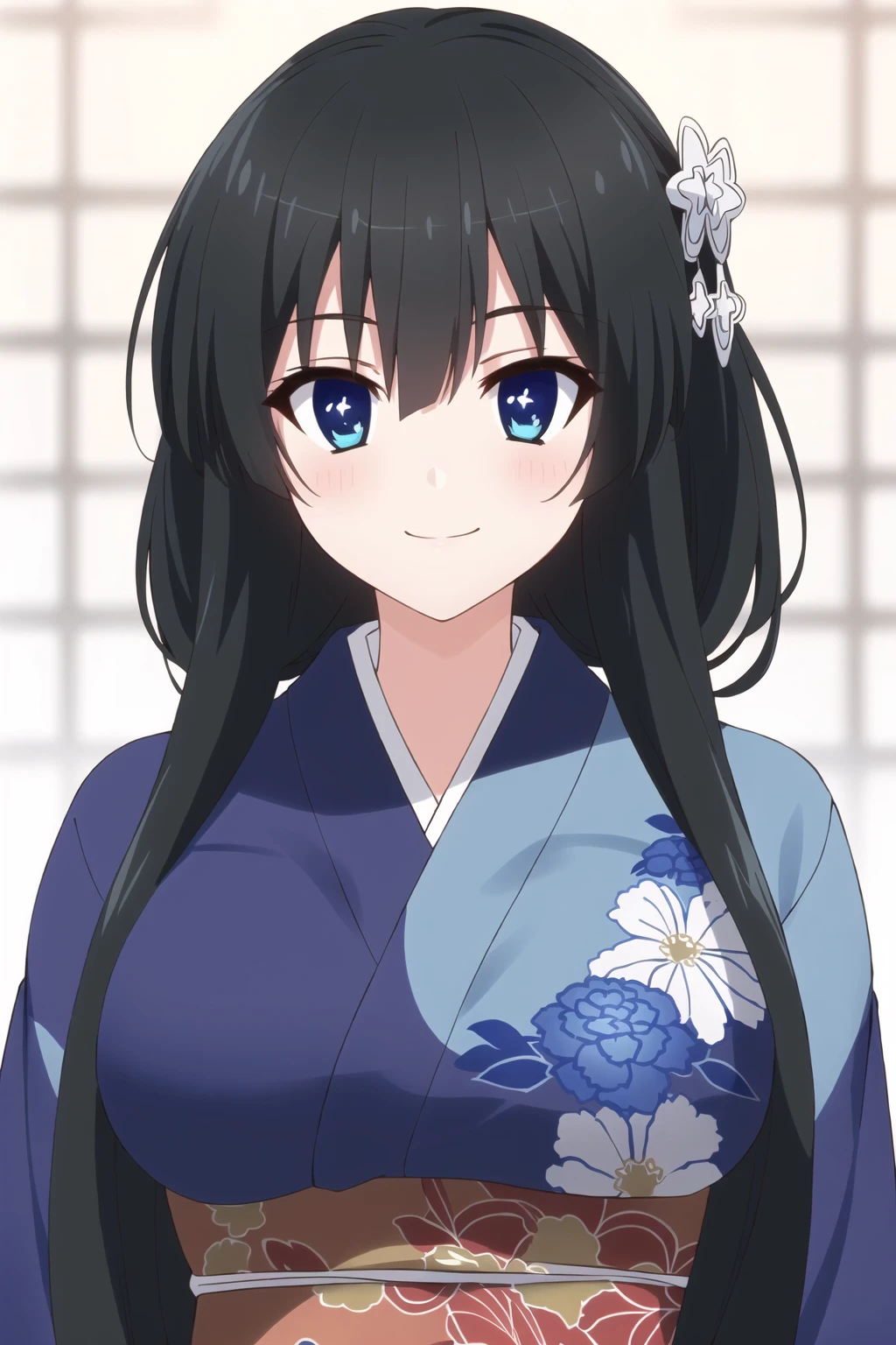 1girl,smile,
best quality,masterpiece,looking at viewer,
depth of field,cowboy_shot,
<lora:008-æ¶åæç©ºçæ¡¥-ä¸åæV2:0.7> ,yorozu senka,black hair,long hair,blue eyes,hair ornament,sash,japanese clothes,kimono,