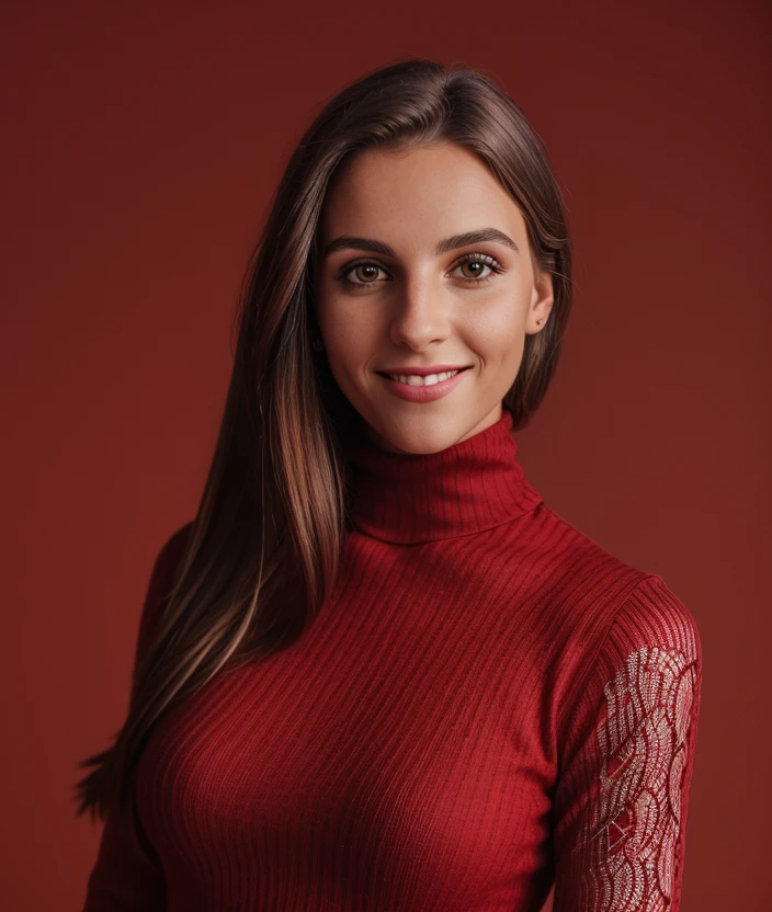 photo of (f3d3), RAW, Red background, Spectacular light, dress Turtleneck color intricate Christmas  color intricate, (Colorful flowering), 8k, soft lighting, high quality, film grain, Olympus OM1 sharp focus, f 3.4, (eyeliner), (seductive pose), upper body, smile 