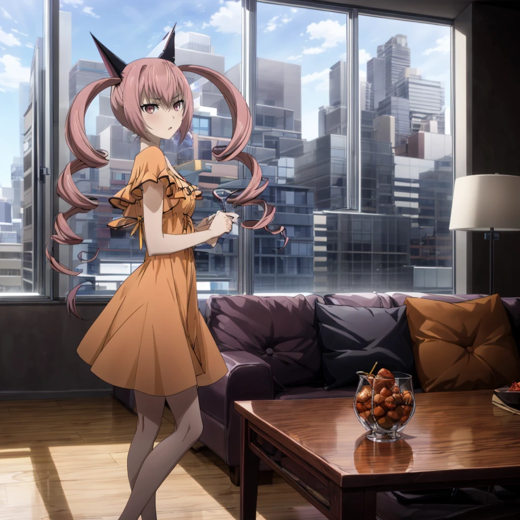 <lora:FarisNyanNyan009:0.7>,<lora:add_detail:1>,<lora:boldline:-0.8>,<lora:noline:0.3>,
AkihaRumiho,1girl,twin drills,pink eyes,solo,
(yellow dress:1.2),shorts,
window_,city,building,indoor,sunshine,spacious interior,sofa,raw table,