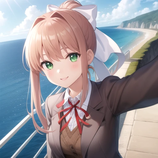 ((masterpiece)),(best quality),official art,extremely detailed CG,unity 8k wallpaper,ultra detailed,A lighthouse on a cliff by the sea,1girl,solo,upper body,monika (doki doki literature club),selfie,green eyes,v,brown hair,school uniform,smile,long hair,ponytail,reaching towards viewer,looking at viewer,ribbon,brown jacket,medium breasts,hair bow,long sleeves,<lora:Monika(ddlc)>,