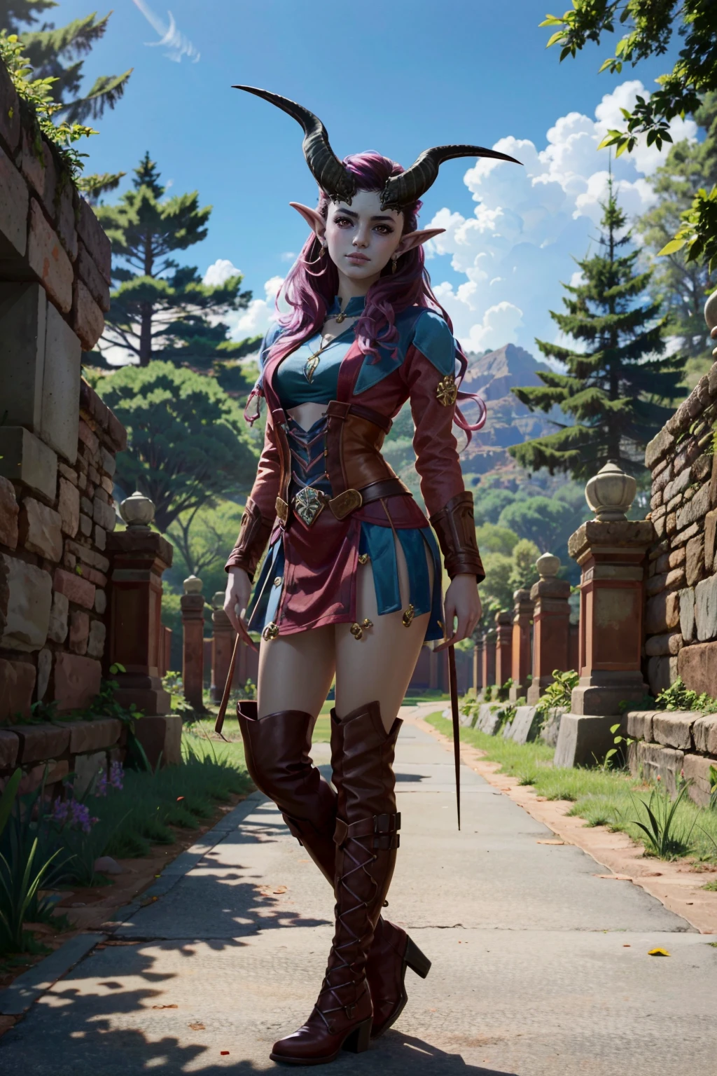 ((ultra detailed, masterpiece, best quality))
<lora:BGAlfira:0.8>
BGAlfira, long hair, colored skin, horns, demon girl, full body, standing in front of a beautiful landscape