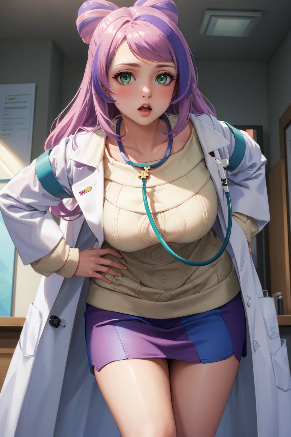 (best quality), (masterpiece), 1 girl, early 20's, huge heavy breasts, busty, perky breasts, thick, thick lips, wide hips, miriam, multicolored hair, green eyes, earrings, labcoat, stethoscope, sweater, purple skirt