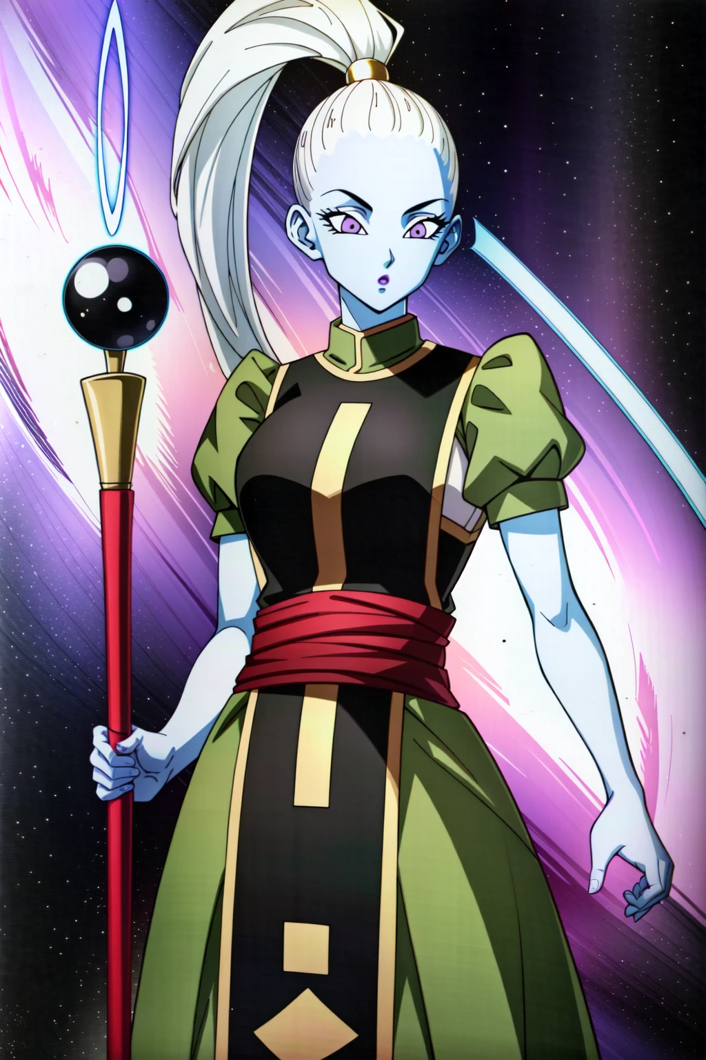 Simple White Background,
a ring around her neck,green robes with puffy shoulders,black and yellow outfit,
<lora:Vados_DragonBallSuper-KK77-V1:0.7>,blue skin, colored skin,
long hair,ponytail,purple eyes,White_Hair,
<lora:Mariana_Luciano_NON_VIRGIN-KK77-V1:0.3>,<lora:more_details:0.1>,
1 girl, 20yo,Young female,Beautiful Finger,Beautiful long legs,Beautiful body,Beautiful Nose,Beautiful character design, perfect eyes, perfect face,expressive eyes,perfect balance,
looking at viewer,(Focus on her face),closed mouth, (innocent_big_eyes:1.0),Light_Smile,
official art,extremely detailed CG unity 8k wallpaper, perfect lighting,Colorful, Bright_Front_face_Lighting,shiny skin,
(masterpiece:1.0),(best_quality:1.0), ultra high res,4K,ultra-detailed,
photography, 8K, HDR, highres, absurdres:1.2, Kodak portra 400, film grain, blurry background, bokeh:1.2, lens flare, (vibrant_color:1.2),professional photograph,
(Beautiful,large_Breasts:1.4), (beautiful_face:1.5),(narrow_waist),