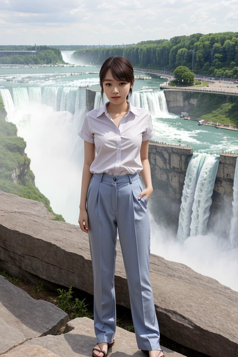 <lora:miyu_suenaga_obj20:0.5>, full_body, standing, sandals, (shirt), pants, (niagara falls), (miyu_suenaga: 1.2), perfect face, (contact iris: 1.1), pale skin, skin pores , depth of field