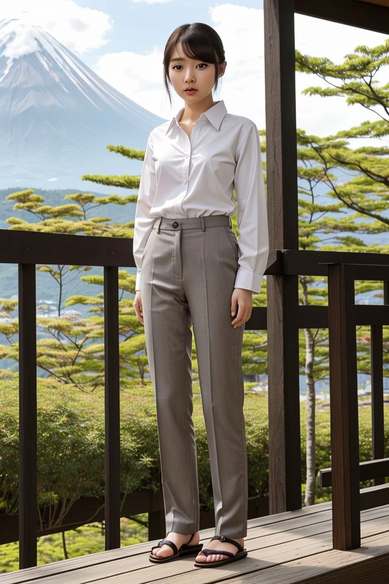 <lora:miyu_suenaga_obj20:0.5>, full_body, standing, sandals, (shirt), pants, (mount fuji), (miyu_suenaga: 1.2), perfect face, (contact iris: 1.1), pale skin, skin pores , depth of field