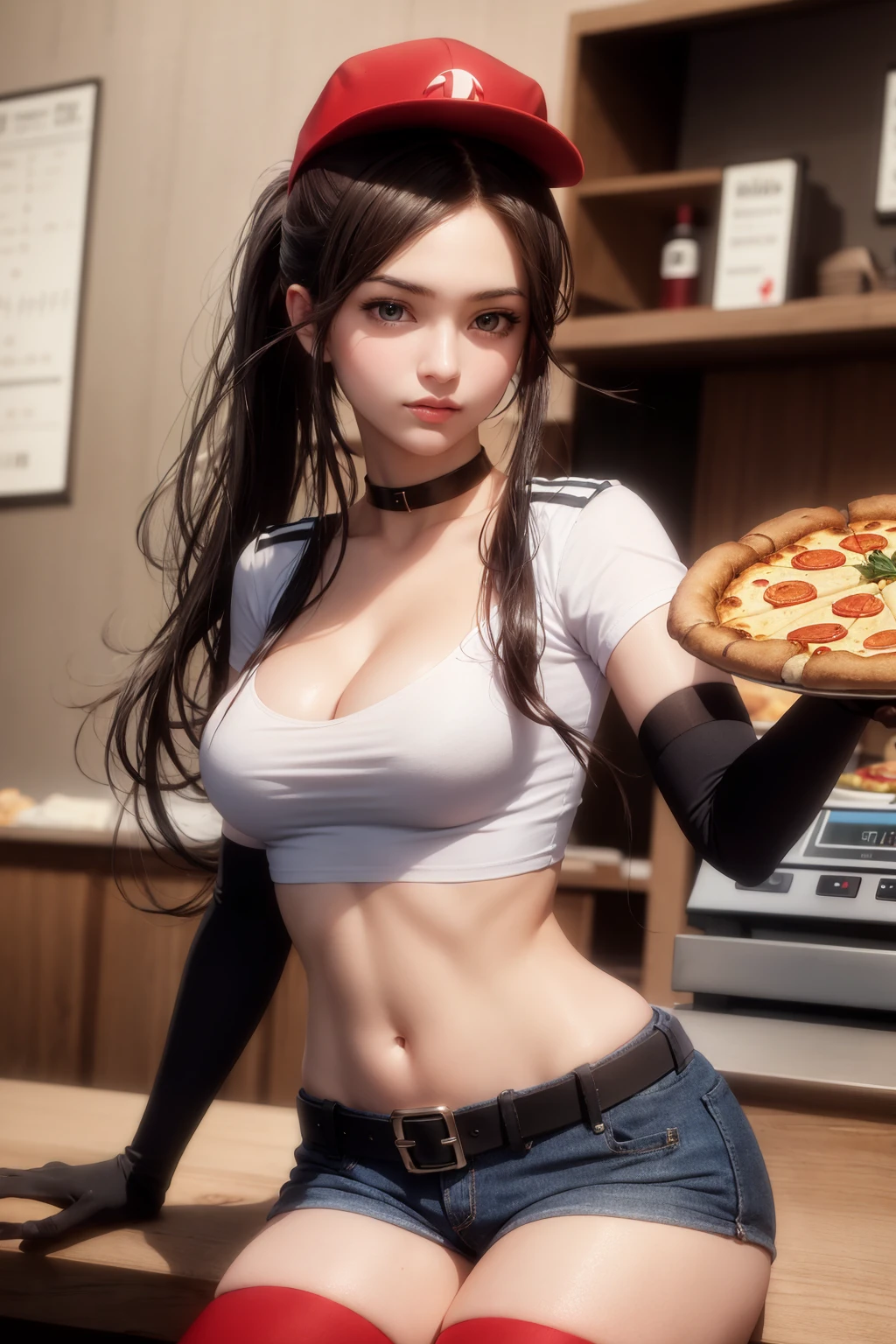 (masterpiece:1.2), (best quality:1.2), 1girl, <lora:PizzaDeliverySivir:1>, PizzaDeliverySivir, long hair, brown hair, ponytail, red hat, choker, black crop top, white shirt, short sleeves, cleavage, navel, denim shorts, belt, black elbow gloves, black fingerless gloves, ((red thighhighs)), in a restaurant, behind the counter, cash register