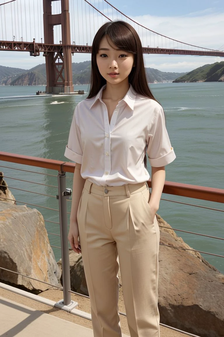 <lora:miyu_suenaga_obj20:0.5>, full_body, standing, sandals, (shirt), pants, (golden gate bridge), (miyu_suenaga: 1.2), perfect face, (contact iris: 1.1), pale skin, skin pores , depth of field