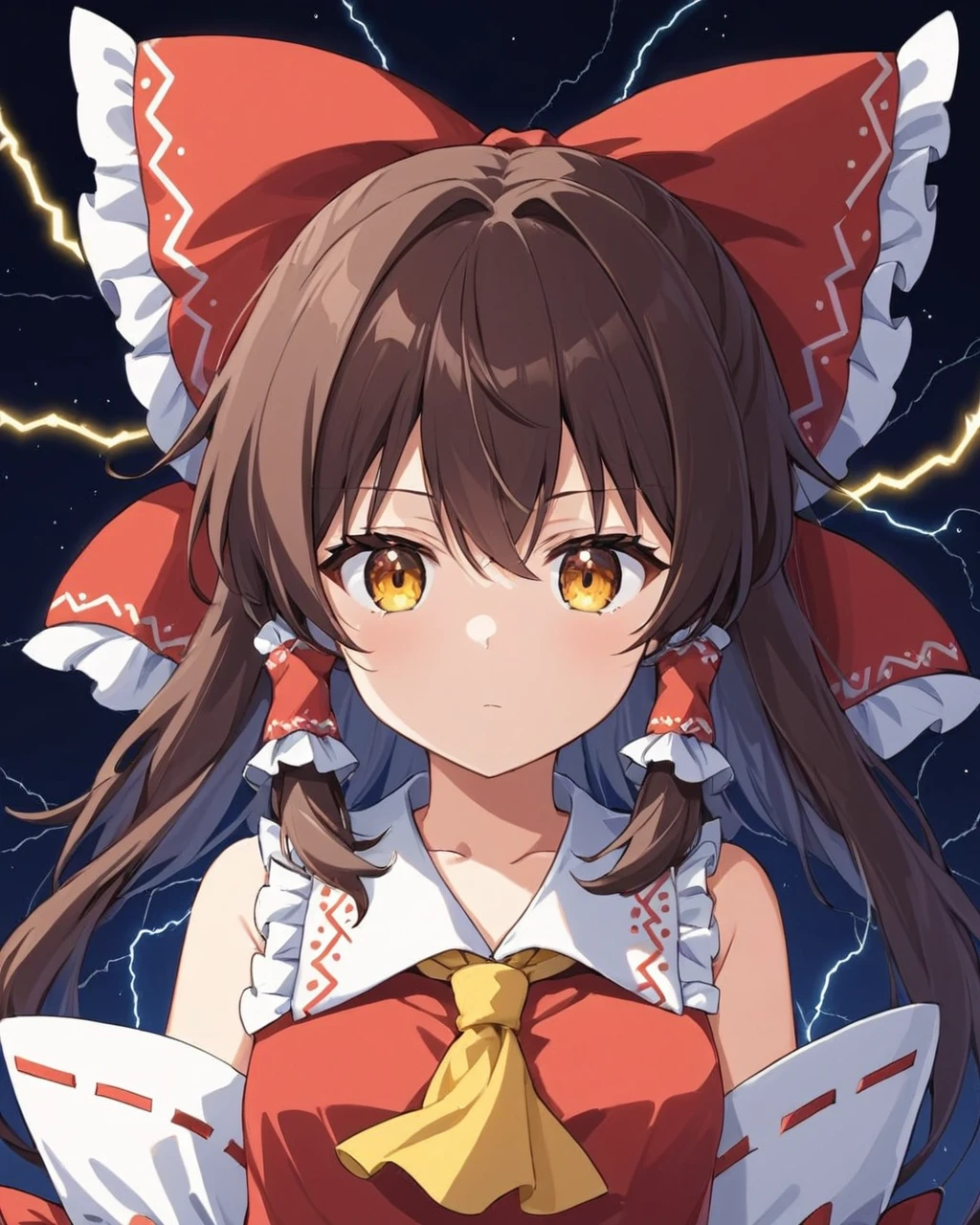 hakurei reimu,1girl, solo, hair_bow, hair_tubes, red_bow, detached_sleeves, ofuda, yellow_ascot, looking_at_viewer, upper_body, ribbon-trimmed_sleeves, wide_sleeves, nontraditional_miko, frills, electricity, simple_background, bare_shoulders
<lora:hakurei_reimu_image6409_2023-12-06-000004:1>,star-shaped_pupils,symbol-shaped_pupils,. gorgeous,key visual, vibrant, studio anime,award-winning, professional, highly detailed,high budget, cinemascope