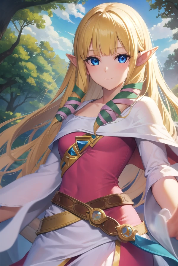 princesszelda, <lora:zelda skyward sword-lora-nochekaiser:1>,
zelda skyward sword, blonde hair, blue eyes, long hair, pointy ears, sidelocks, elf, bangs, blunt bangs, ribbons, hair ribbons, smile,
BREAK belt, cape, dress, long sleeves, (pink dress:1.2), (white cape:1.2),
BREAK outdoors, nature, forest, trees, grass, sun, sky, clouds,
BREAK looking at viewer,
BREAK <lyco:GoodHands-beta2:1>, (masterpiece:1.2), best quality, high resolution, unity 8k wallpaper, (illustration:0.8), (beautiful detailed eyes:1.6), extremely detailed face, perfect lighting, extremely detailed CG, (perfect hands, perfect anatomy),