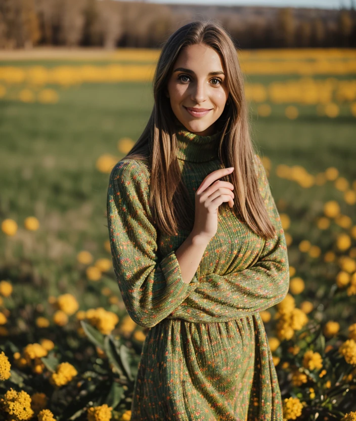 f3d3 photo of (f3d3), RAW, nature, outdoor, Spectacular light, dress Turtleneck color intricate Christmas  color intricate, (Colorful flowering), 8k, soft lighting, high quality, film grain, Olympus OM1 sharp focus, f 3.4, (eyeliner), (seductive pose), upper body, smile 