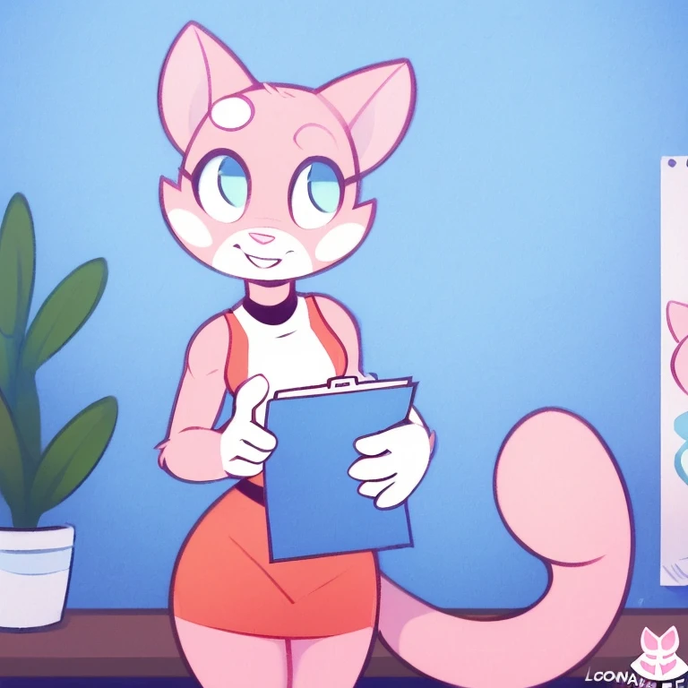 masterpiece, best_quality, furry_female, felid, shima_luan, solo, front, standing, cute, smiling, <lora:y-Shima:0.9>, office, office_background, holding_clipboard, working, hair_bun, (art_by_loonanudes + art_collab, art_by_miles_df:1.3)