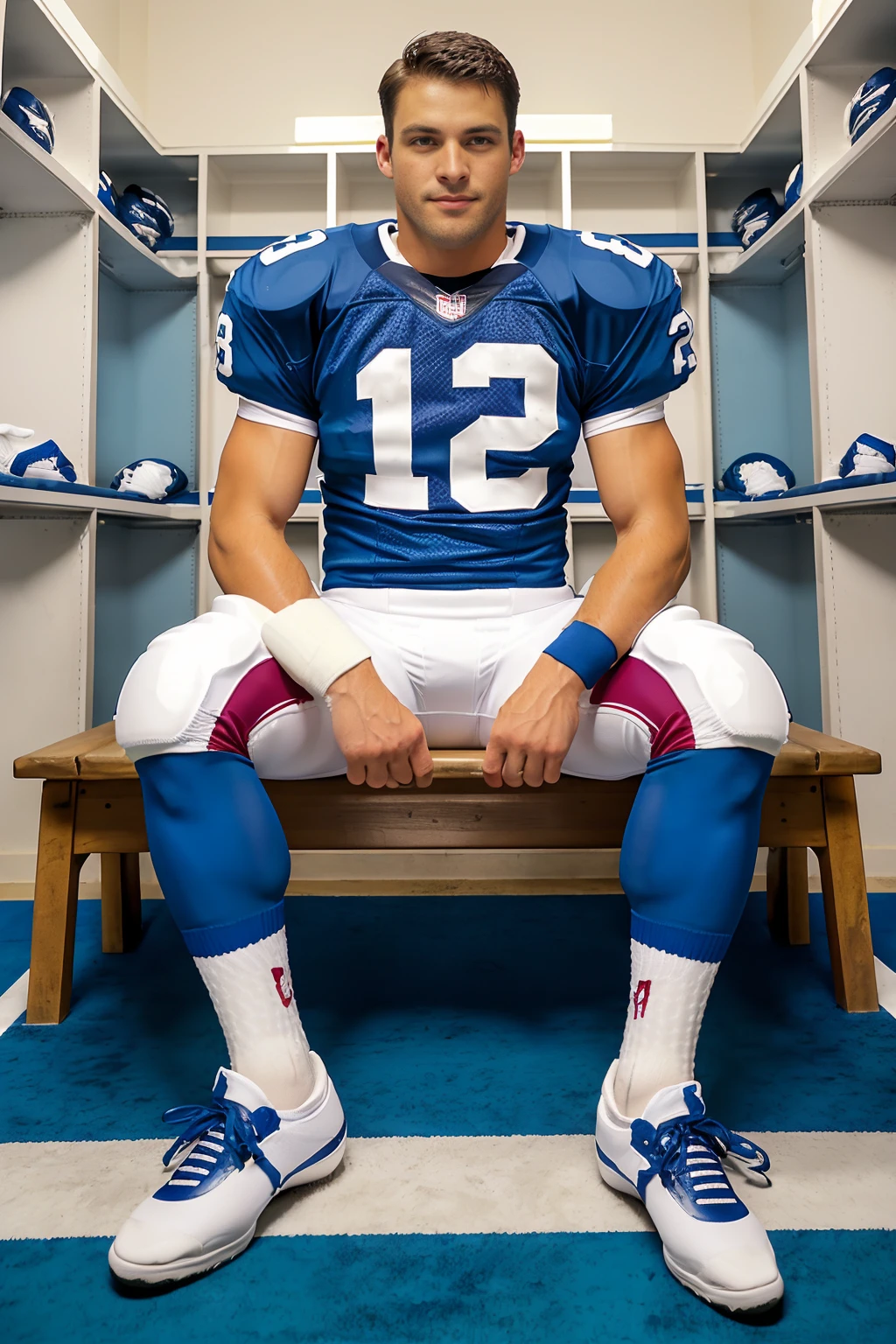 in an American football locker room, (sitting on a bench), legs spread open, muscular ColbyTaylor, American football player wearing American football uniform, American football shoulder pads, (cerulean jersey:1.4), jersey number 12, (cerulean football pants and pads:1.4), (white socks:1.2), (sneakers:1.2), (((full body portrait))), slight smile, wide angle <lora:ColbyTaylor:0.8>