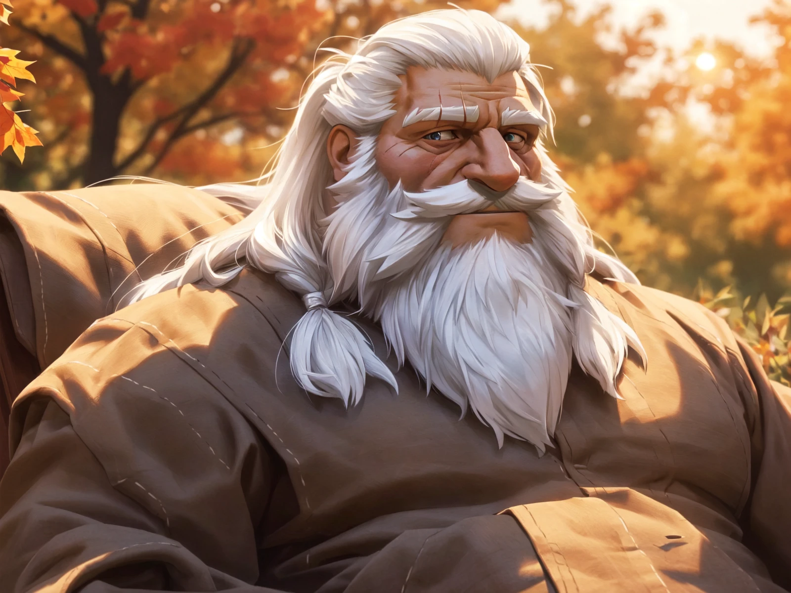 (full body:1.5),An old man sitting in a recliner in the sun,fall,smile,sunset,white beard,long beard,long hair,eye scars,Best quality,masterpiece,4k,8k,highly detailed,detailed face,realistic proportions,sharp focus,male focus,<lora:reinhardt-3.0:0.6>,reinhardt,