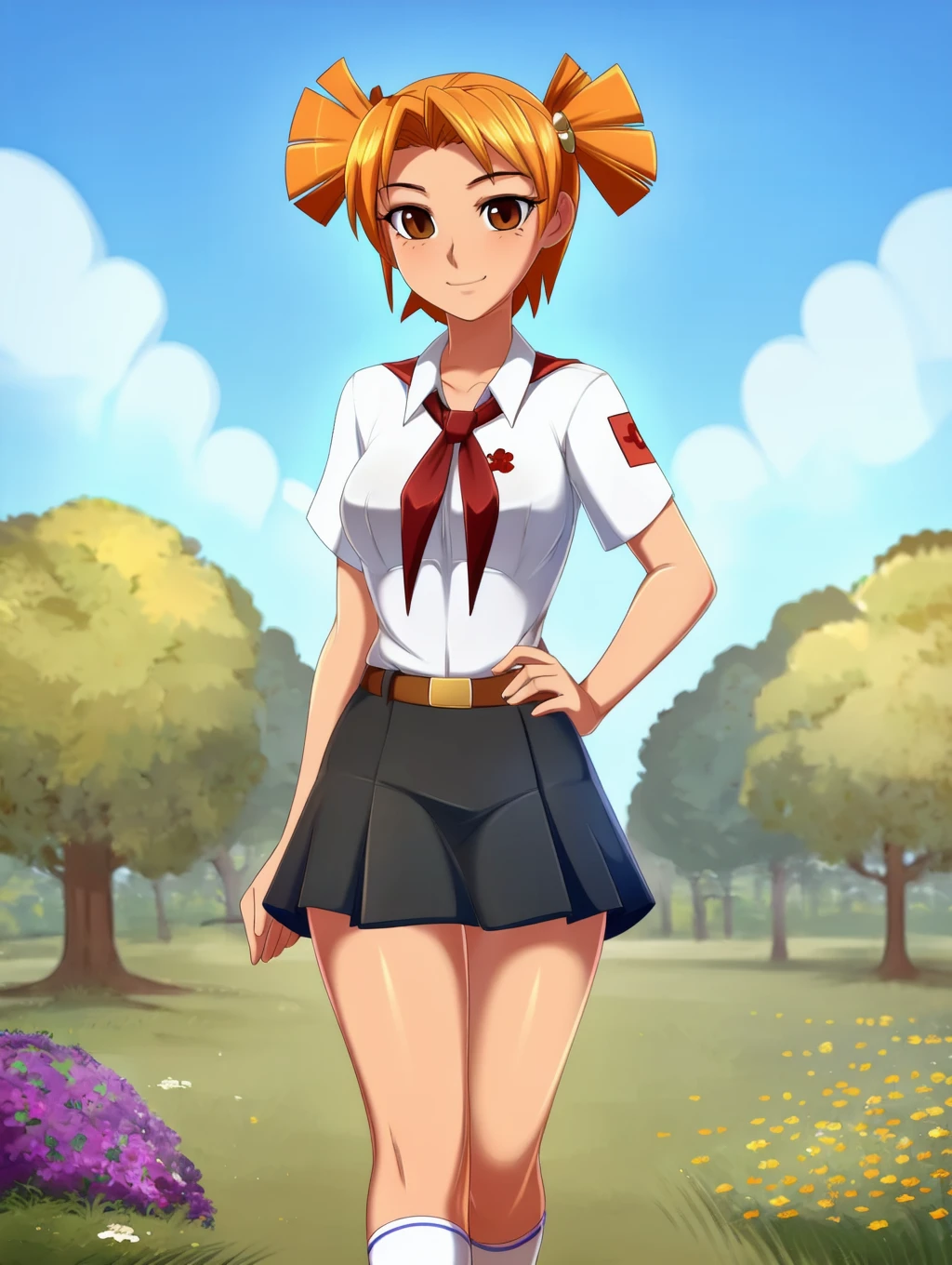 stabdubg,Alisa,orange hair,1girl,brown eyes,human,pioneer form,pioneer tie,t-shirt,skirt,socks,shoes,<lora:Everlasting summer:0.62>,nature,flowers meadows,art by merunyaa,