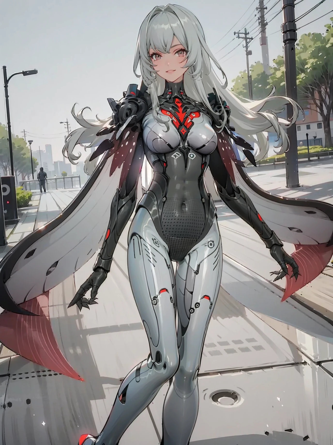 (1girl),(solo:1.2),<lora:neg4all_bdsqlsz_V3.5:1>,illustration,highres,extremely detailed 8k wallpaper,third-party edit,depth of field,game CG,
nice hands,perfect hands,<lora:GoodHands-beta2:1>,<lora:leibiliya_LoRA-000018:0.85>,full body,looking at viewer,walking on street,(sweet smile:1.3),park background,
(grey hair,long hair,bodysuit,covered navel:1.2),from front,
