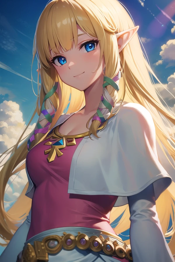princesszelda, <lora:zelda skyward sword-lora-nochekaiser:1>,
zelda skyward sword, blonde hair, blue eyes, long hair, pointy ears, sidelocks, elf, bangs, blunt bangs, ribbons, hair ribbons, smile,
BREAK belt, cape, dress, long sleeves, (pink dress:1.2), (white cape:1.2),
BREAK outdoors, nature, forest, trees, grass, sun, sky, clouds,
BREAK looking at viewer,
BREAK <lyco:GoodHands-beta2:1>, (masterpiece:1.2), best quality, high resolution, unity 8k wallpaper, (illustration:0.8), (beautiful detailed eyes:1.6), extremely detailed face, perfect lighting, extremely detailed CG, (perfect hands, perfect anatomy),