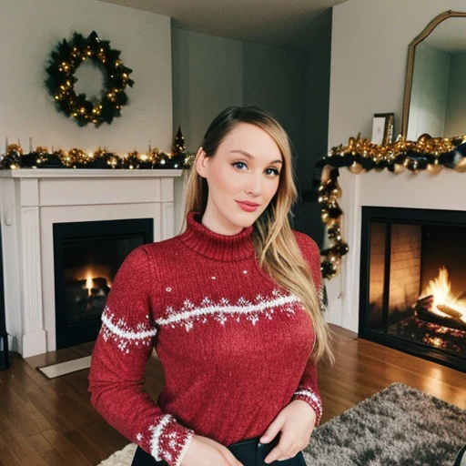 <lora:eefjah_sjokz_sd15_512_128_64_v1:1>sjokz,1girl blonde hair, wearing christmas sweater, christmas decoration in background, lit fireplace in background