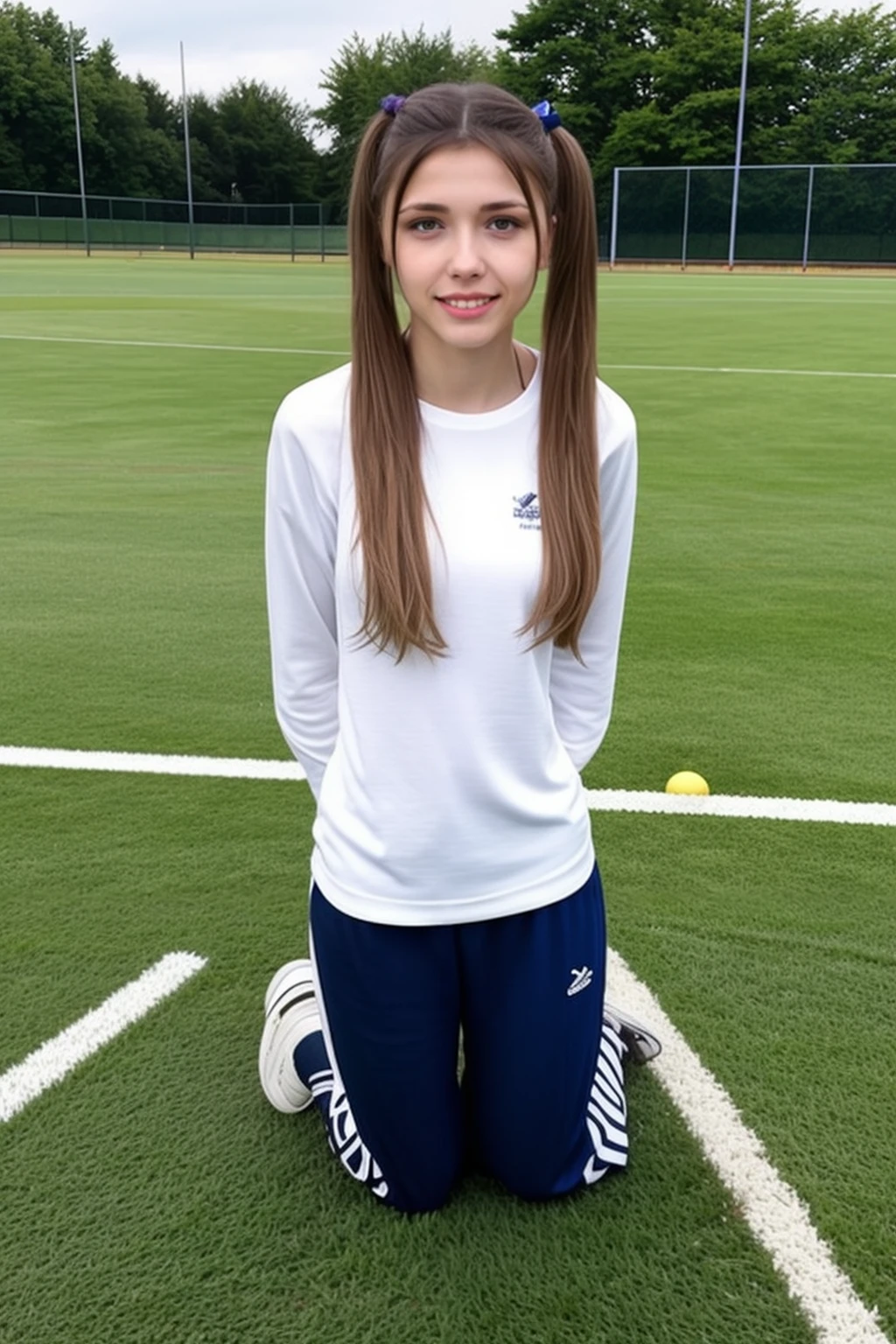 full body,from front,photo of a ukrainian woman named milaazul,arms behind back, <lyco:mila azul_V1:0.8>,Wearing sportswear,wearing sweatpants,Cute twin tails,(kneeling),wearing sneakers,legs, looking at viewer,photorealistic, happy smile,teeth,long hair, best quality and best aesthetic and (photorealistic:1.4) and (Realistic:1.4) and Detailed Skin Textures and detailed skin pores and high skin detail,<lora:LCM_LoRA_Weights_SD15å éå¨:0.7>,((Outdoor sports field)), <lora:detail_slider_v4:0.7>,<lora:å¢å ç實æepiCRealLife:0.7>