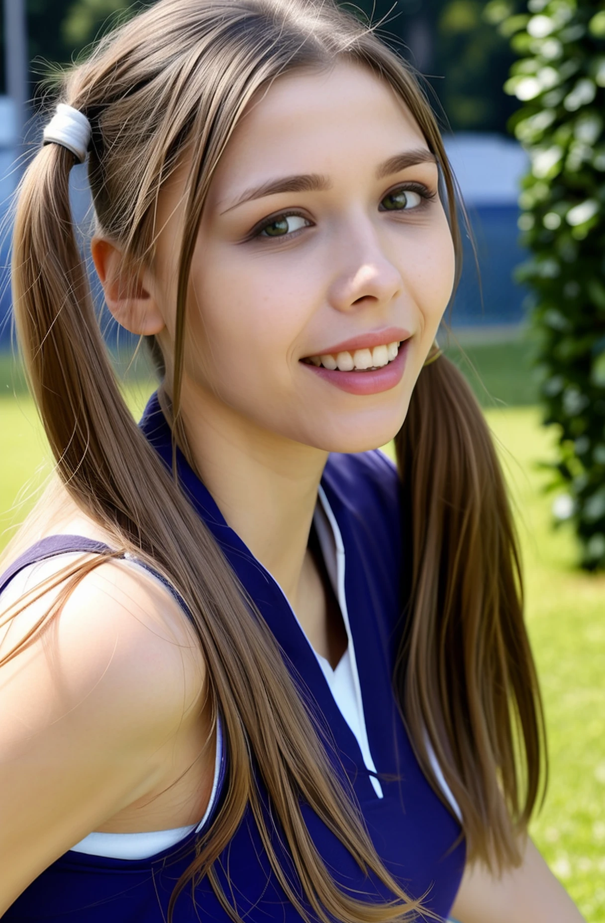 ,from front,photo of a ukrainian woman named milaazul,<lyco:mila azul_V1:0.85>,Wearing a black collar,Cute twin tails,Face close-up looking at viewer,photorealistic, happy smile,teeth,long hair, best quality and best aesthetic and (photorealistic:1.4) and (Realistic:1.4) and Detailed Skin Textures and detailed skin pores and high skin detail,<lora:LCM_LoRA_Weights_SD15å éå¨:0.7>,((Outdoor sports field)), <lora:detail_slider_v4:0.7>,<lora:å¢å ç實æepiCRealLife:0.7>