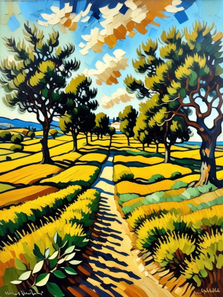 Olive grove, warm tones, traditional Mediterranean landscape, inspired by Vincent Van Gogh's style