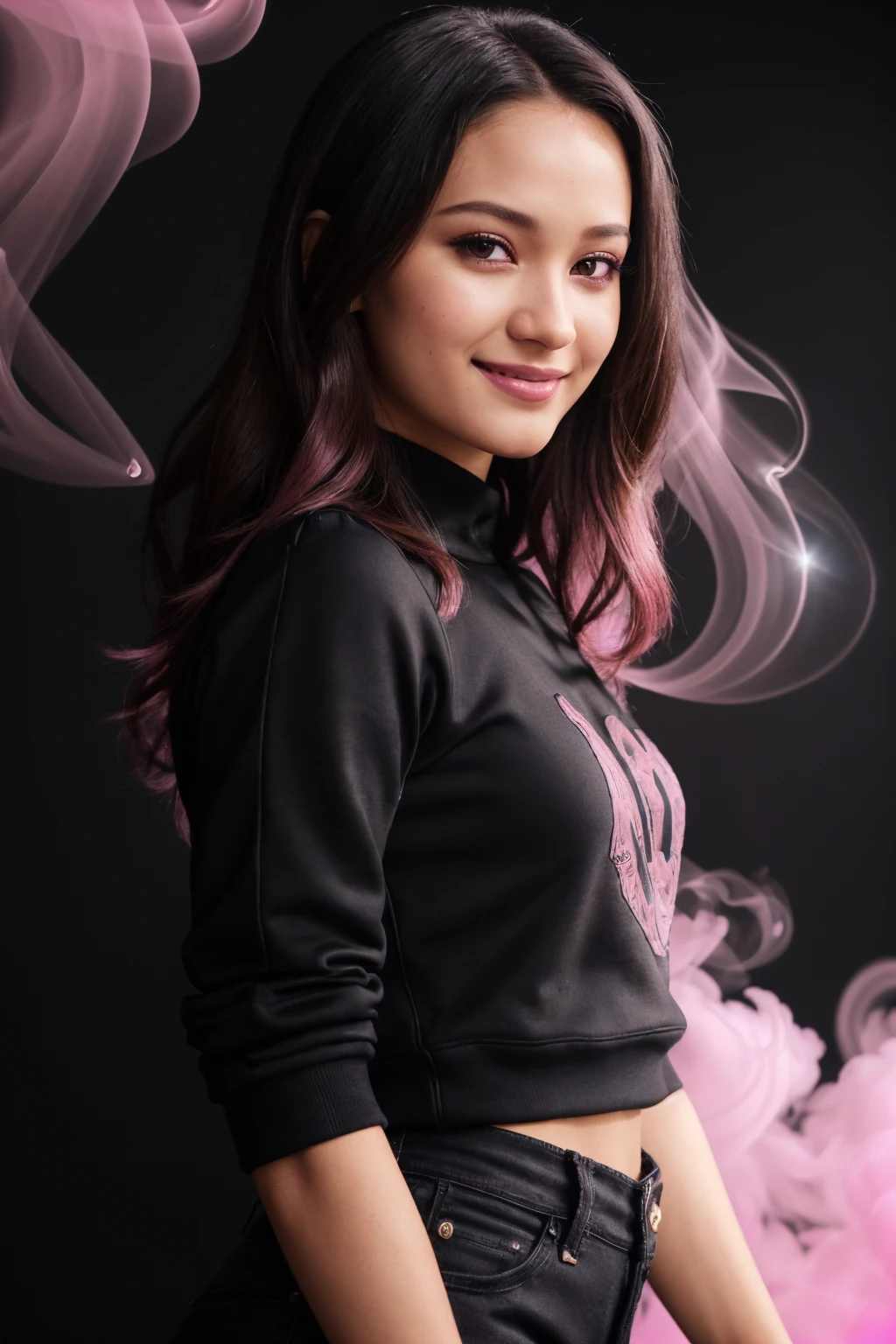 ((Black Theme, Black and Pink Backdrop:1.4)) (Close-Up Shot, Face Portrait:1.4) dark skin DV_Cherice_Vicious (Brunette Hair:1.4) wearing (Blue Jeans and a Black sweatshirt :1.3), 35mm, F/2.8, ((Photo Focus, DOF, Aperture, insanely detailed and intricate, character, hypermaximalist, elegant, ornate, beautiful, exotic, revealing, appealing, attractive, amative, hyper realistic, super detailed, heresy flares)) (smiling at viewer:1.3) (volumetric pink smoke:1.3) (pink lens flare:1.2)(sharpness:1.3)(details:1.3)