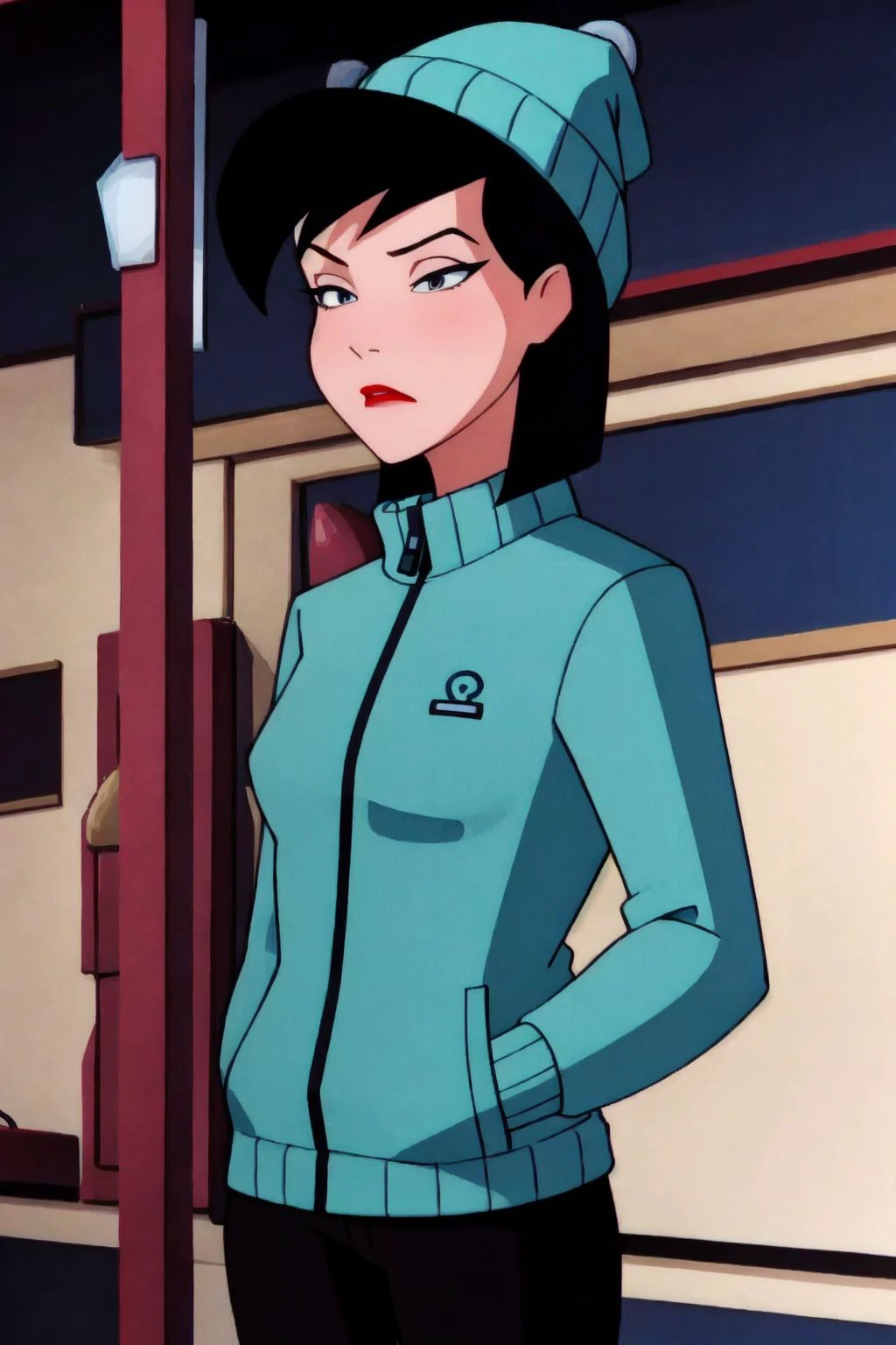 (intricately detailed, best quality, high resolution, highly detailed skin:1.3), <lora:thr1ftBTAS:0.7> thr1ftbtas, short black hair, bangs, makeup, red lips, ((apathetic|bored) expression:1.5), a girl is seated at a city bus stop, (winter jacket, toque, blushing, night photography:1.2)