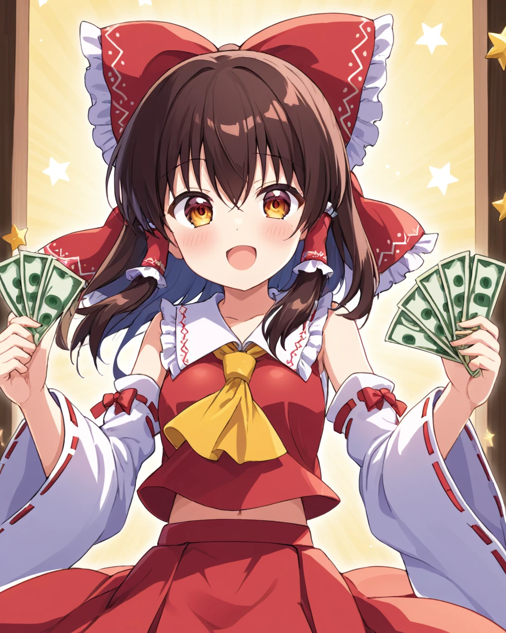 hakurei reimu,1girl, hair_bow, solo, red_bow, detached_sleeves, money, hair_tubes, ascot, open_mouth, red_skirt, ribbon-trimmed_sleeves, :d, bare_shoulders, blush
<lora:hakurei_reimu_image6409_2023-12-06-000004:1>,star-shaped_pupils,symbol-shaped_pupils,. gorgeous,key visual, vibrant, studio anime,award-winning, professional, highly detailed,high budget, cinemascope